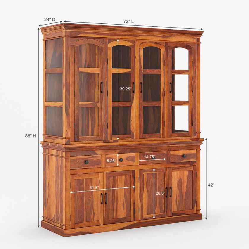 Clermont Rustic Solid Wood Glass Door Dining Room Hutch Dimension Image