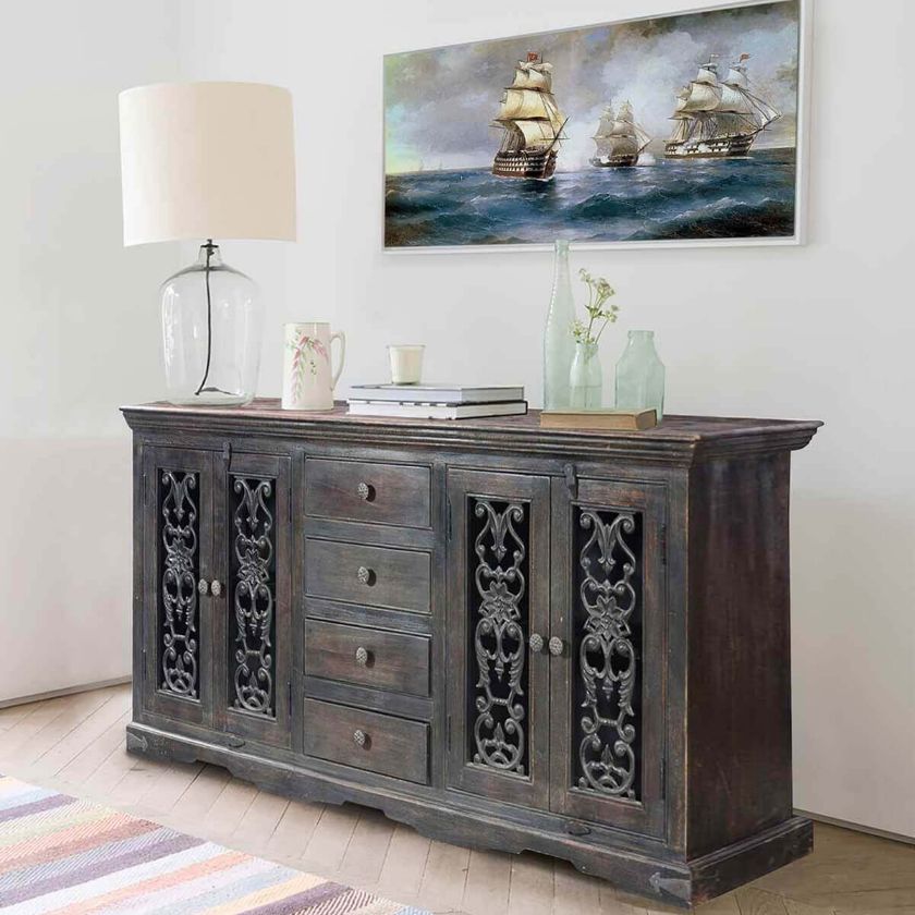 Picture of Smokey Grey Traditional Rustic Solid Wood 4 Drawer Large Sideboard