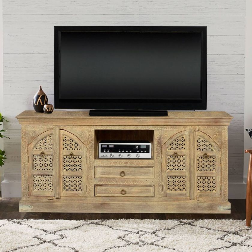 Picture of Tudor Winter White Mango Wood 2 Drawer TV Media Console Cabinet