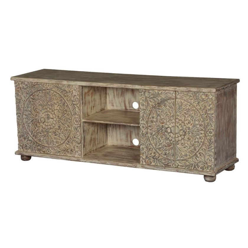 Picture of Frosted Garden Reclaimed Wood Hand Carved TV Console Media Cabinet