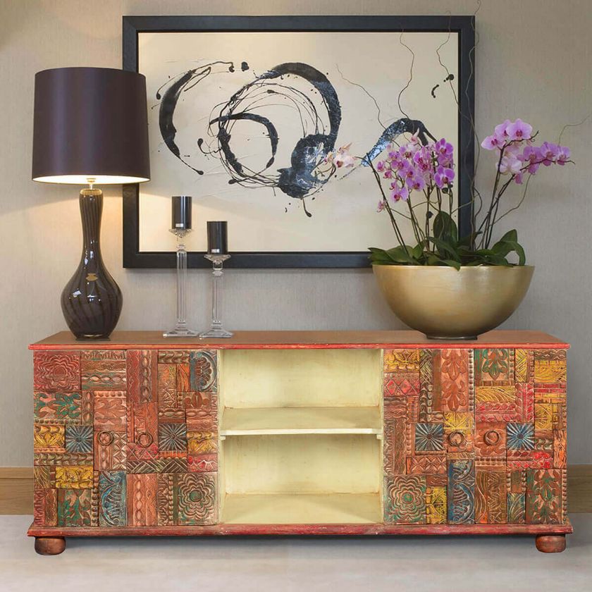 Picture of Wooden Patch Quilt Reclaimed Wood TV Console Media Cabinet