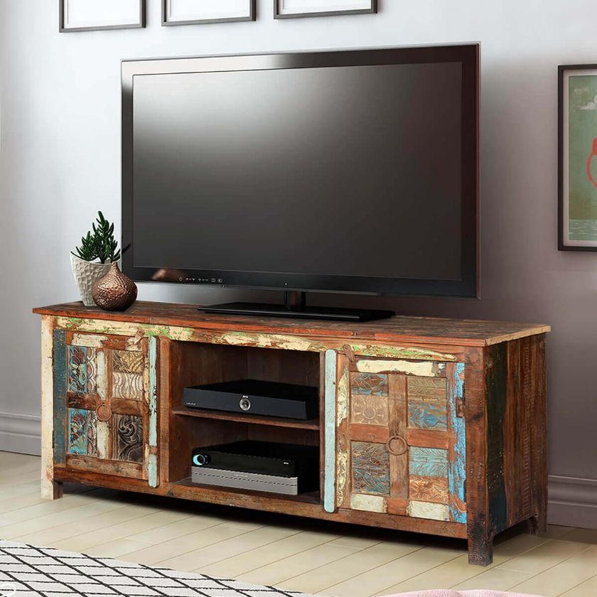 Picture of Frontier Rustic Hand Carved Reclaimed Wood TV Console Media Cabinet