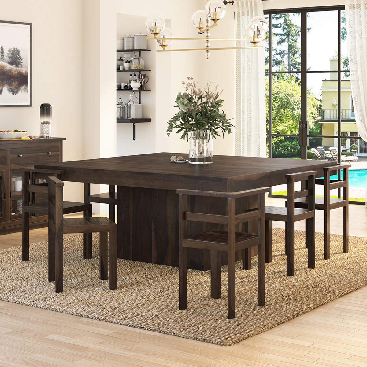 9-Piece Dining Table Set Wood Rectangular Table and 8 Dining Chairs - Natural Walnut