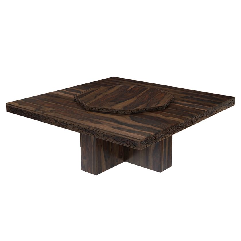 Picture of Rustic Solid Wood Large Square Pedestal Dining Table with Lazy Susan