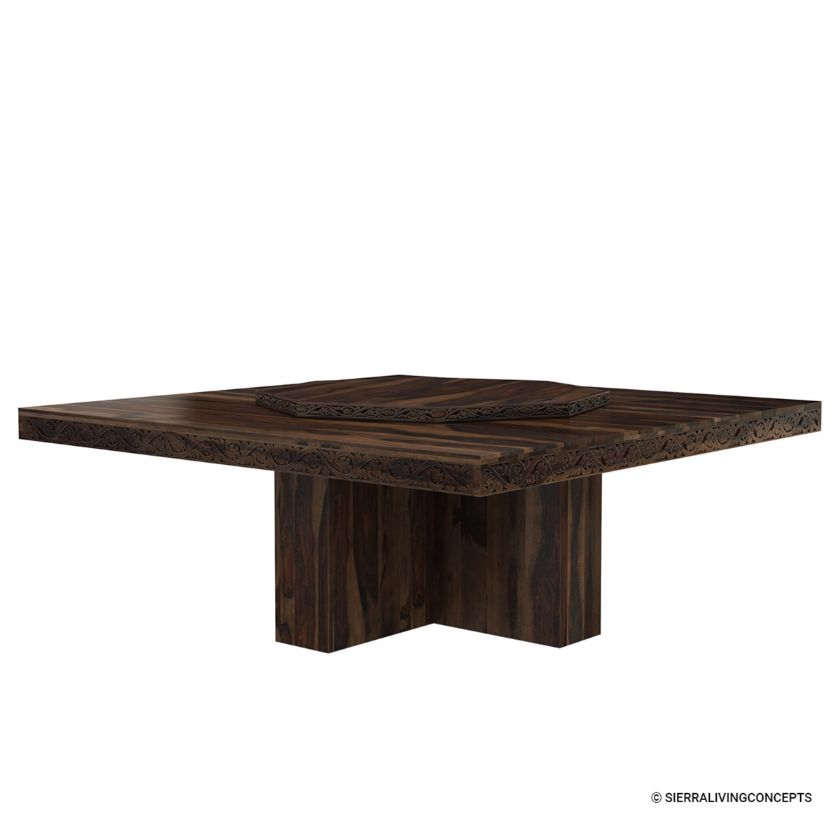 Picture of Rustic Solid Wood Large Square Pedestal Dining Table with Lazy Susan