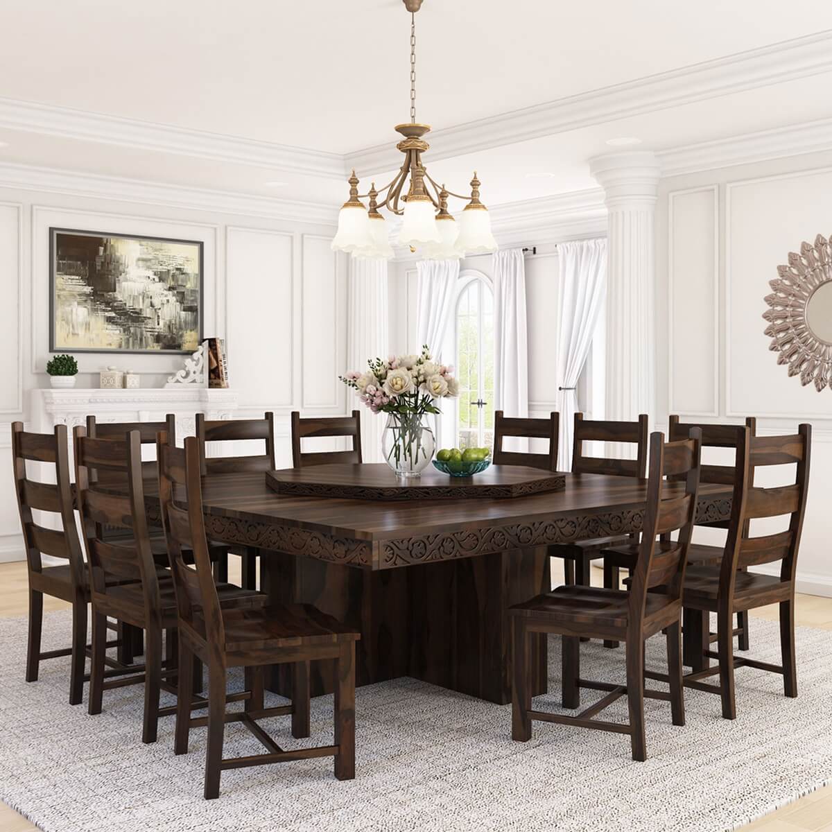 Rustic Solid Wood Large Square Pedestal Dining Table with Lazy Susan