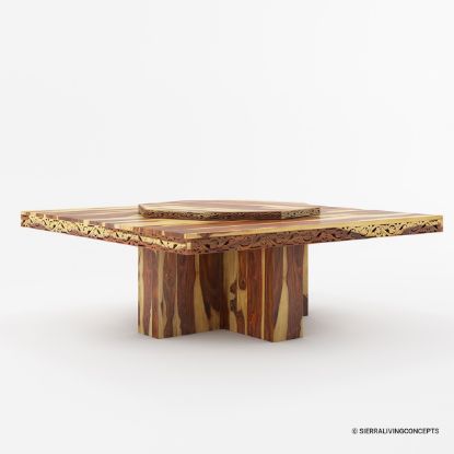 Picture of Rustic Solid Wood Large Square Pedestal Dining Table with Lazy Susan