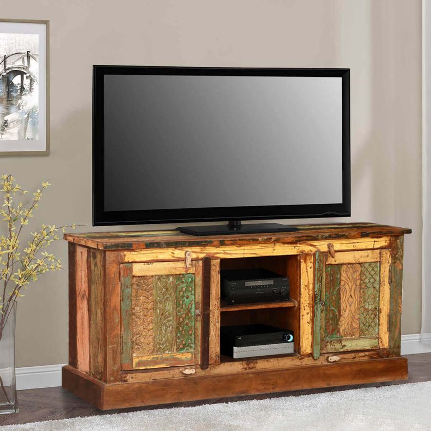 Picture of Pioneer Rustic Reclaimed Wood Open Shelf Media TV Stand Cabinet