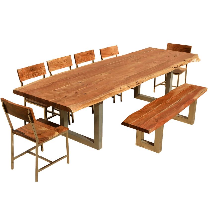 Picture of 117" Live Edge Dining Table w 6 Chairs & Bench - Acacia Wood & Iron