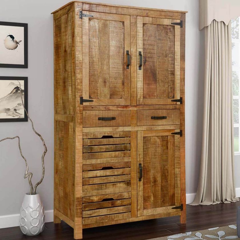 Picture of Pioneer Rustic Solid Wood 79" Tall Armoire With Shelves & Drawers