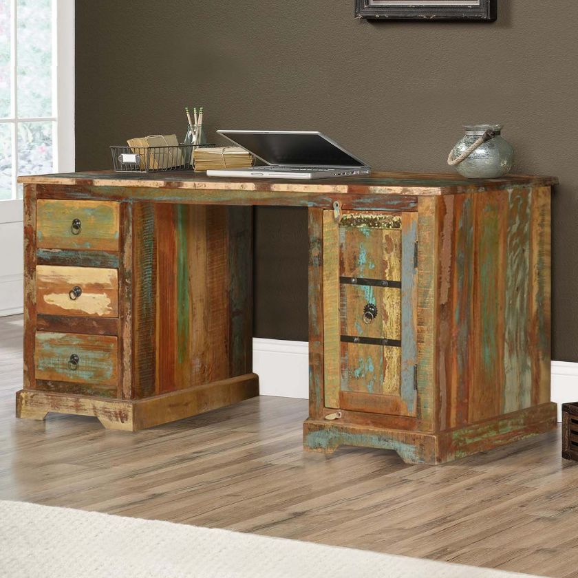 Picture of 59 Inch Reclaimed Wood Pedestal Desk Multi Color Workstation