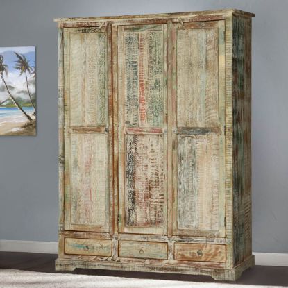 Picture of Woodsburgh Distressed Solid Wood 3 Drawer Large Wardrobe