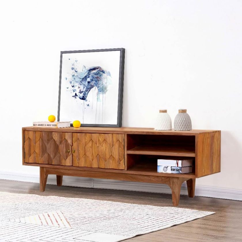 Picture of Emelia Carved Diamonds Rustic Solid Wood Modern TV Stand Media Console