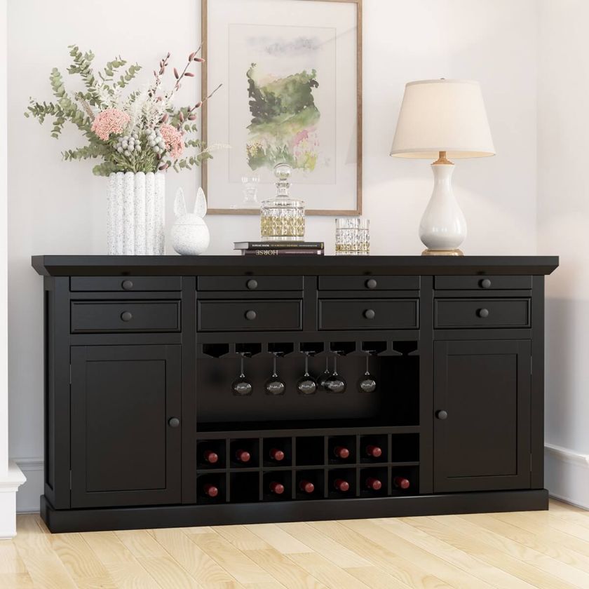 Picture of Nottingham Rustic Solid Wood Black Wine Bar Large Sideboard Cabinet