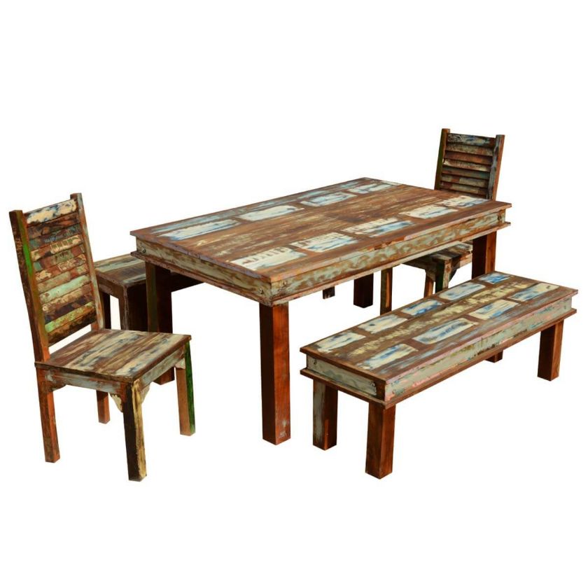 Picture of Sierra Reclaimed Wood Furniture Dining Table with 2 Chairs & 2 Benches