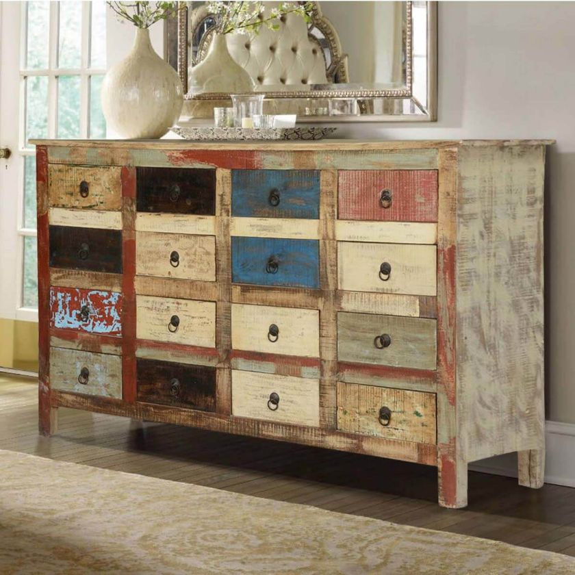 Picture of Primary Colors Solid Mango Wood 16 Drawers Dresser Apothecary Cabinet