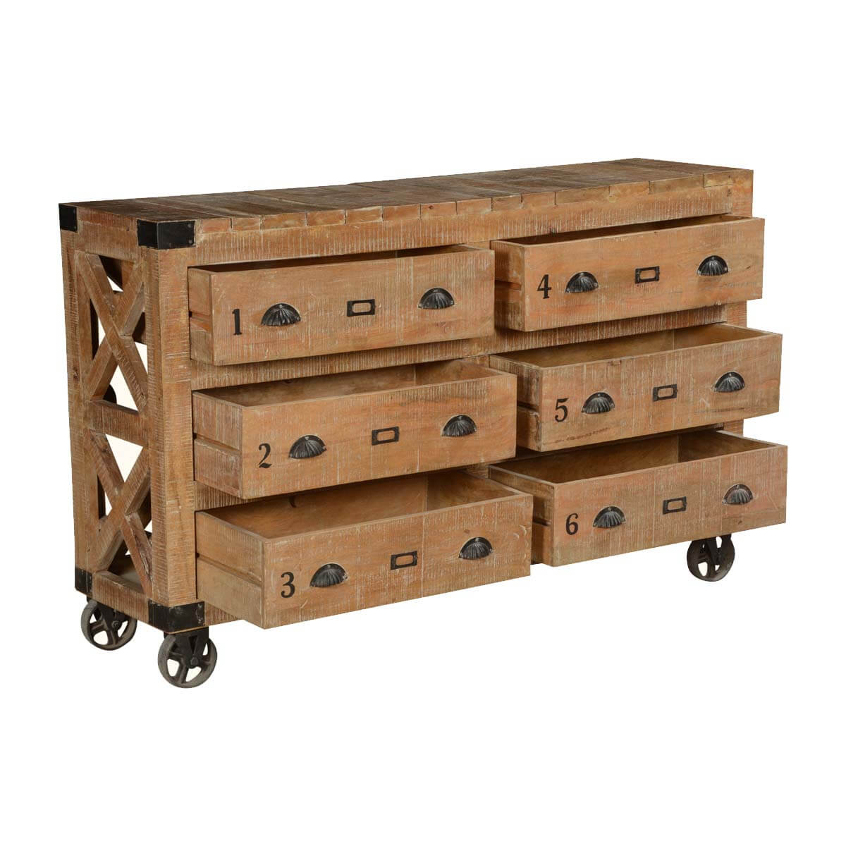 Solid Wood Factory Cart Style Rustic 6 Drawer Double Dresser