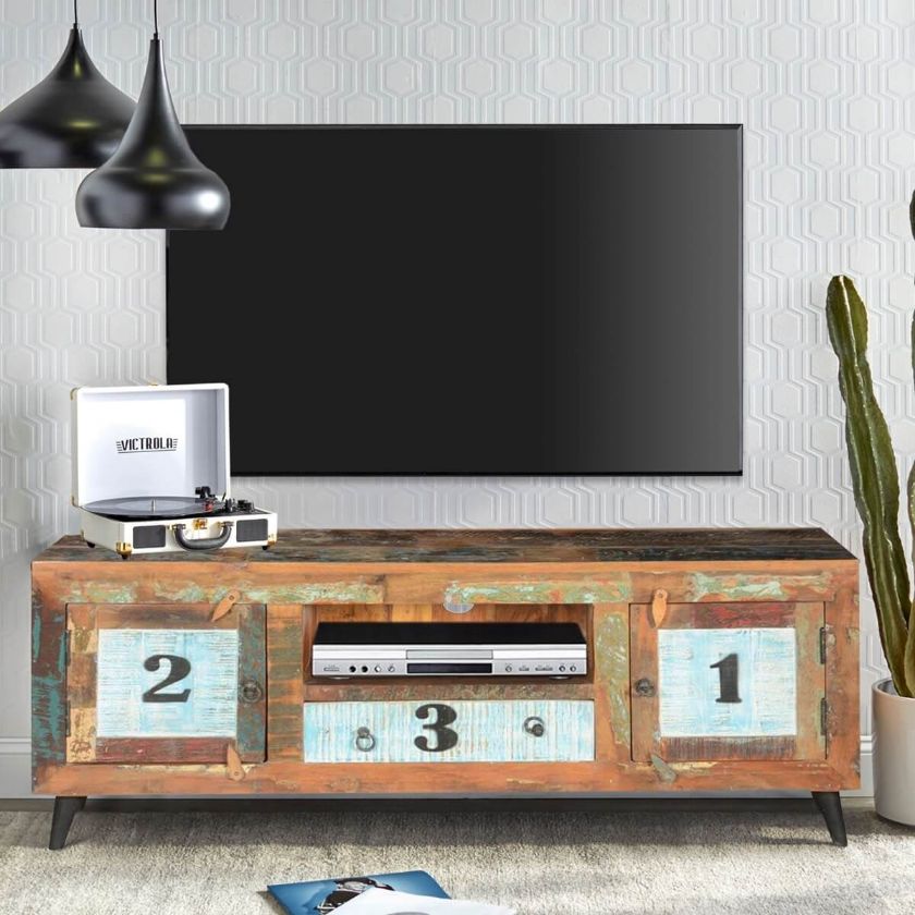 Picture of Hazlet By-The-Numbers Rustic Reclaimed Wood Open Shelve TV Stand
