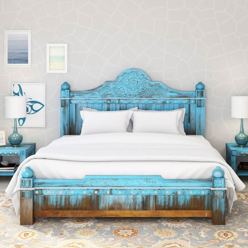 Picture of Empire Blue Dawn Solid Mango Wood Hand Carved Platform Bed