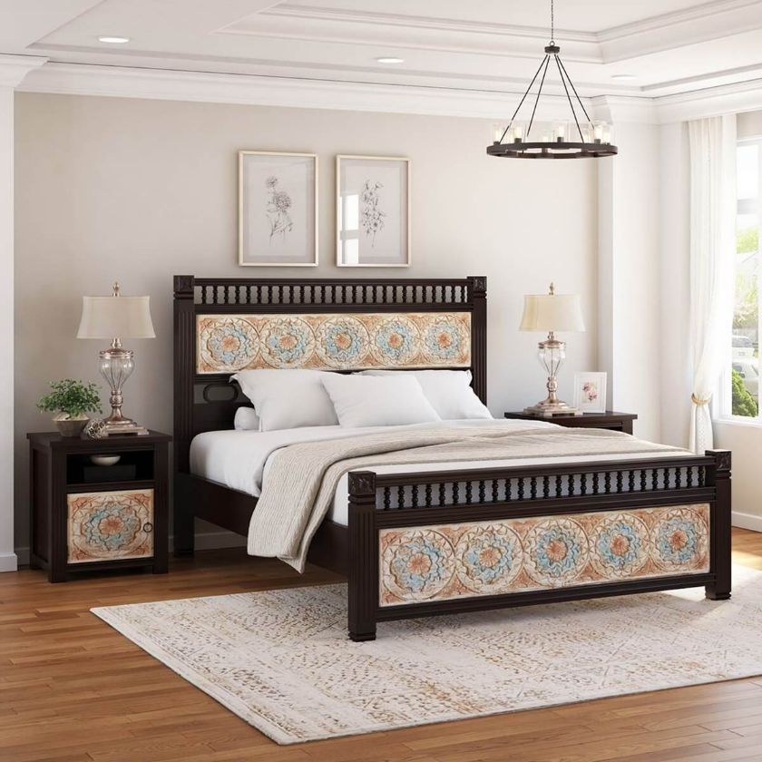 Picture of English Garden Mango Wood Hand Carved Platform Bed w Foot & Headboard