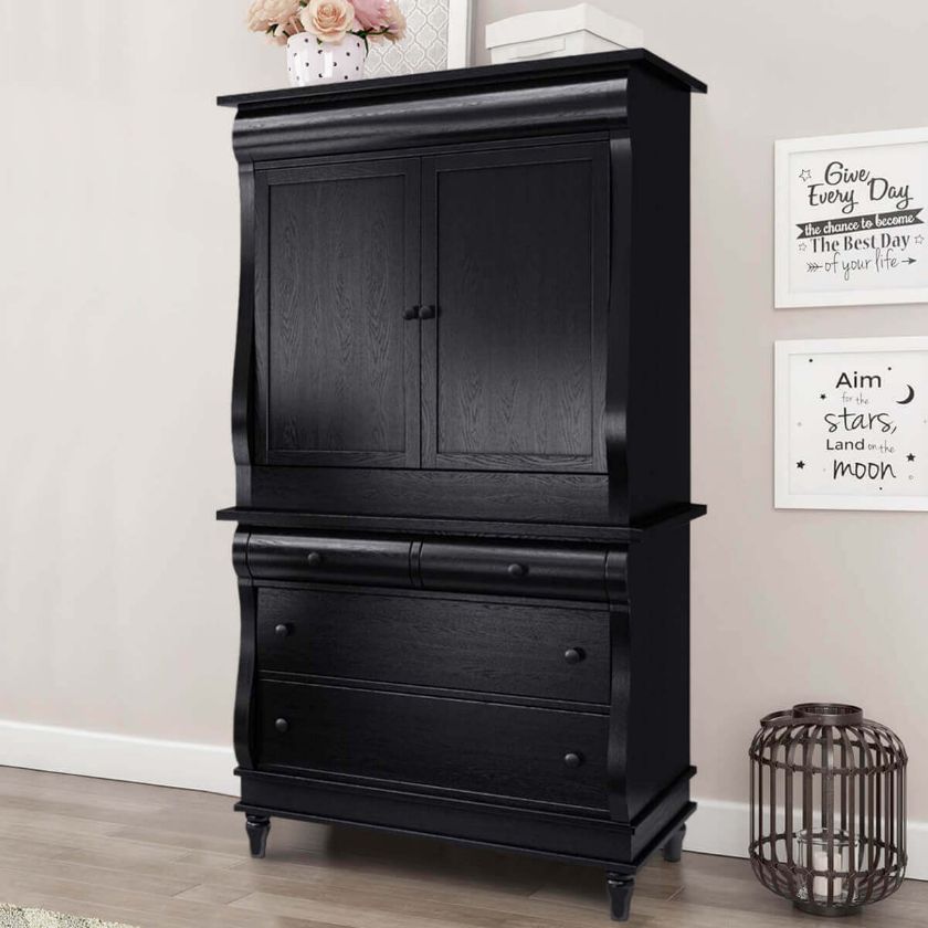 Picture of Midnight Empire Solid Wood Bombe Black Bedroom Armoire With Drawers