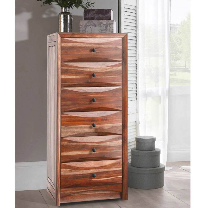 Picture of Modern Pioneer Rustic Solid Wood 6 Drawer Bedroom Tall Dresser Chest