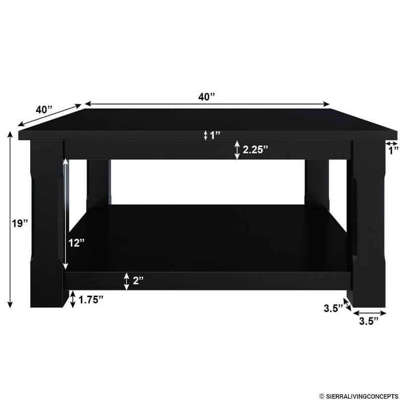 Brimson Solid Wood 2 Tier Black Square Coffee Table Size Image