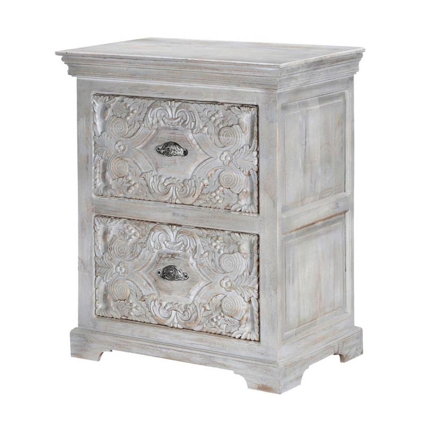 Picture of Snow Flower Mango Wood 2-Drawer Hand Carved Nightstand