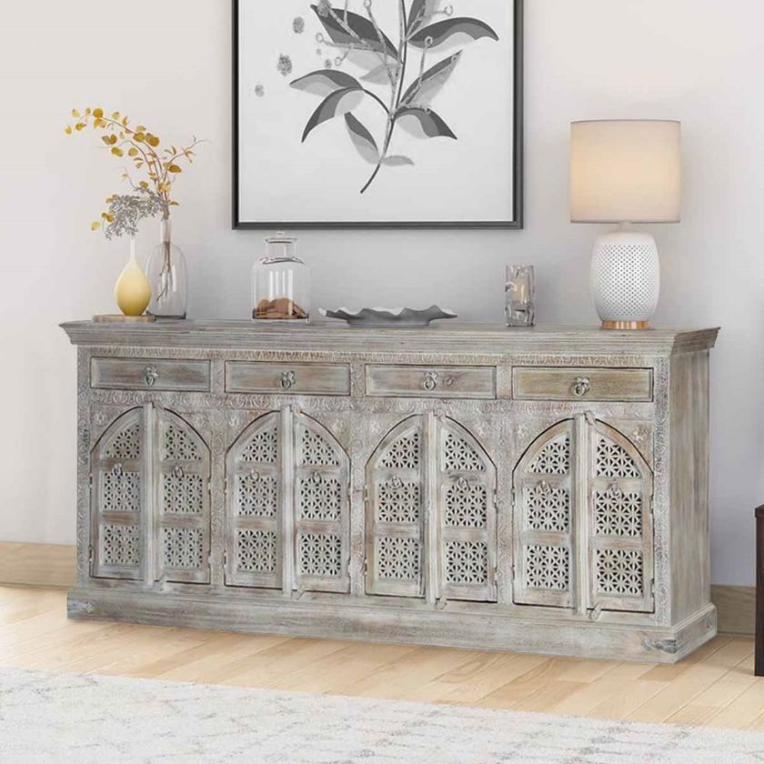 Picture of Belize Winter White Cathedral Mango Wood Extra Long Sideboard Cabinet