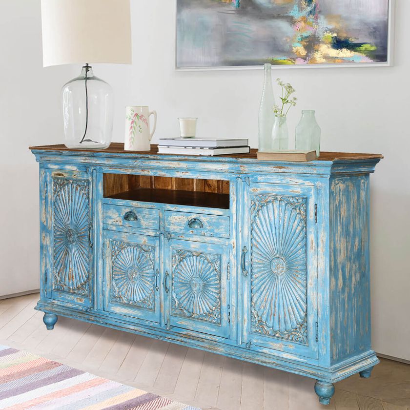 Picture of Handcrafted Mango Wood 2 Drawer Large Blue Credenza