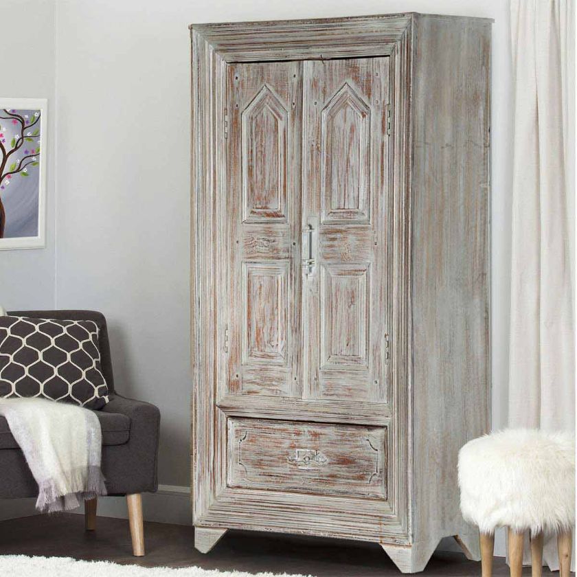 Picture of Aviston Solid Wood Distressed Finish Gray Armoire w Shelves And Drawer