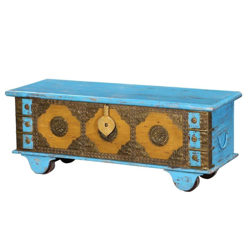 Picture of Blue & Gold Mango Wood & Brass Inlay Rolling Storage Trunk