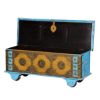 Picture of Blue & Gold Mango Wood & Brass Inlay Rolling Storage Trunk