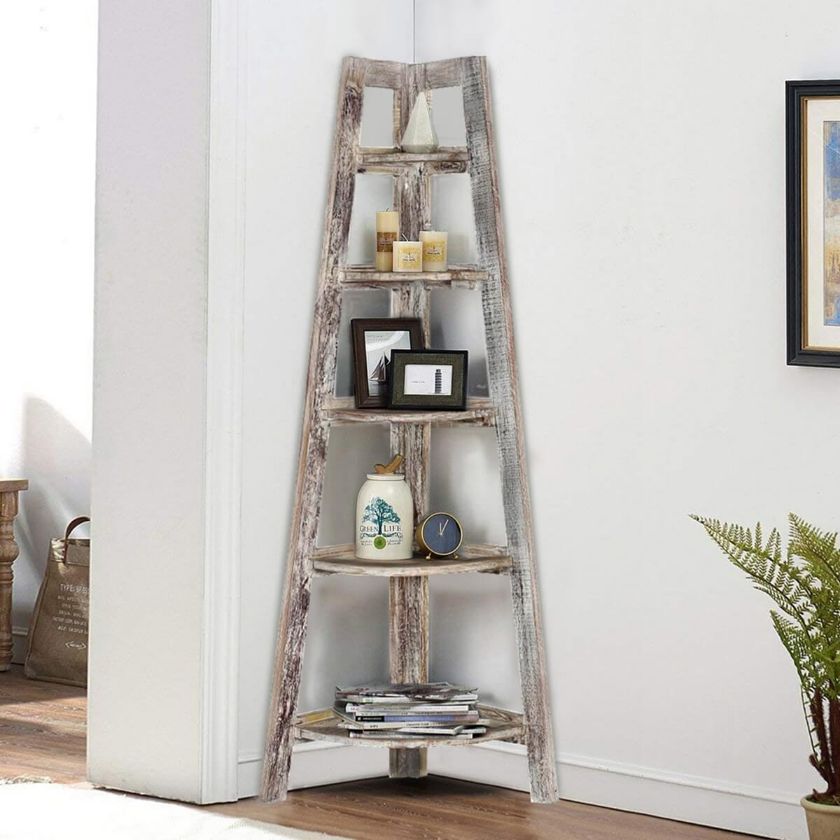 Picture of Riverton Reclaimed Wood 5-Tier Corner Ladder Home Bookshelf