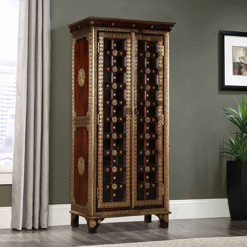 Picture of Pawnee Golden Medallions Inlay Glass Door Mango Wood Armoire Cabinet
