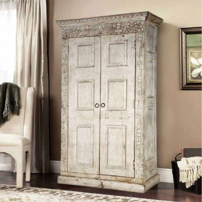 Calistoga Handcarved Weathered Solid Wood Large White Wardrobe Armoire