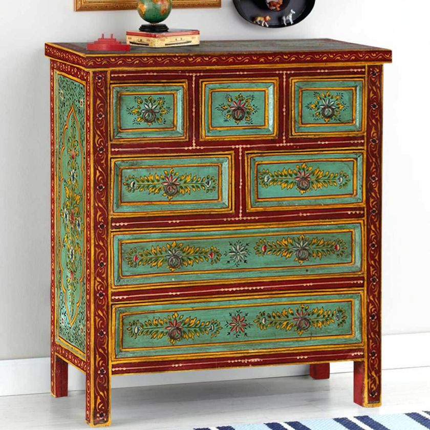 Picture of Green Garden Hand Painted Mango Wood Chest of 7 Drawers