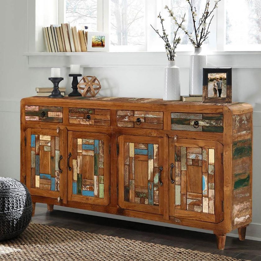 Picture of Bonnieville Rustic Solid Wood Mosaic Inlay 4 Drawer Large Sideboard