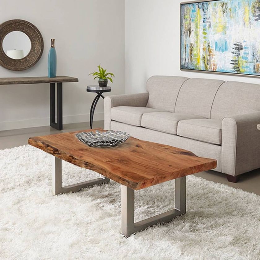 Picture of Natural Acacia Wood & Steel Rustic Live Edge Coffee Table