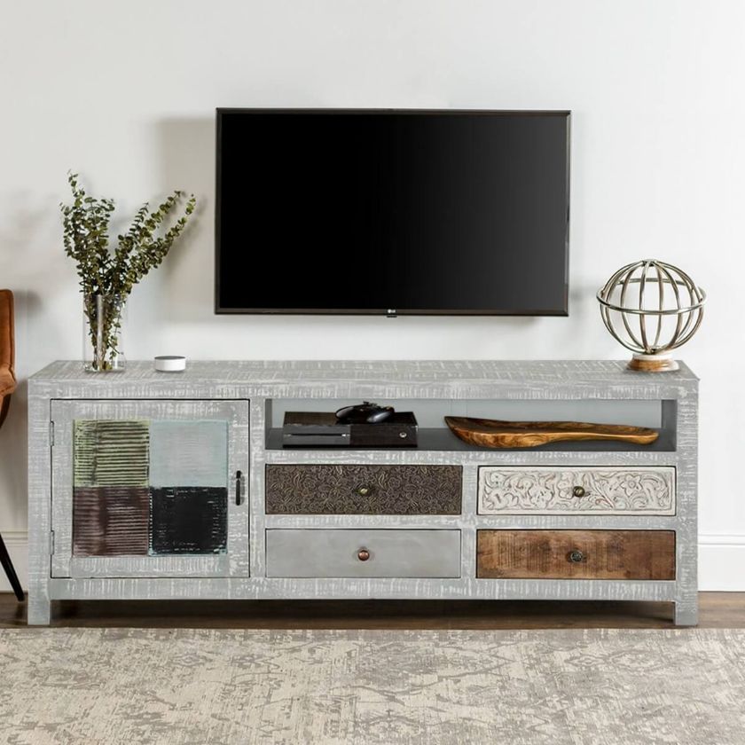 Picture of Mexico Sleek Mango Wood Grey TV Stand Media Console With 4 Drawers