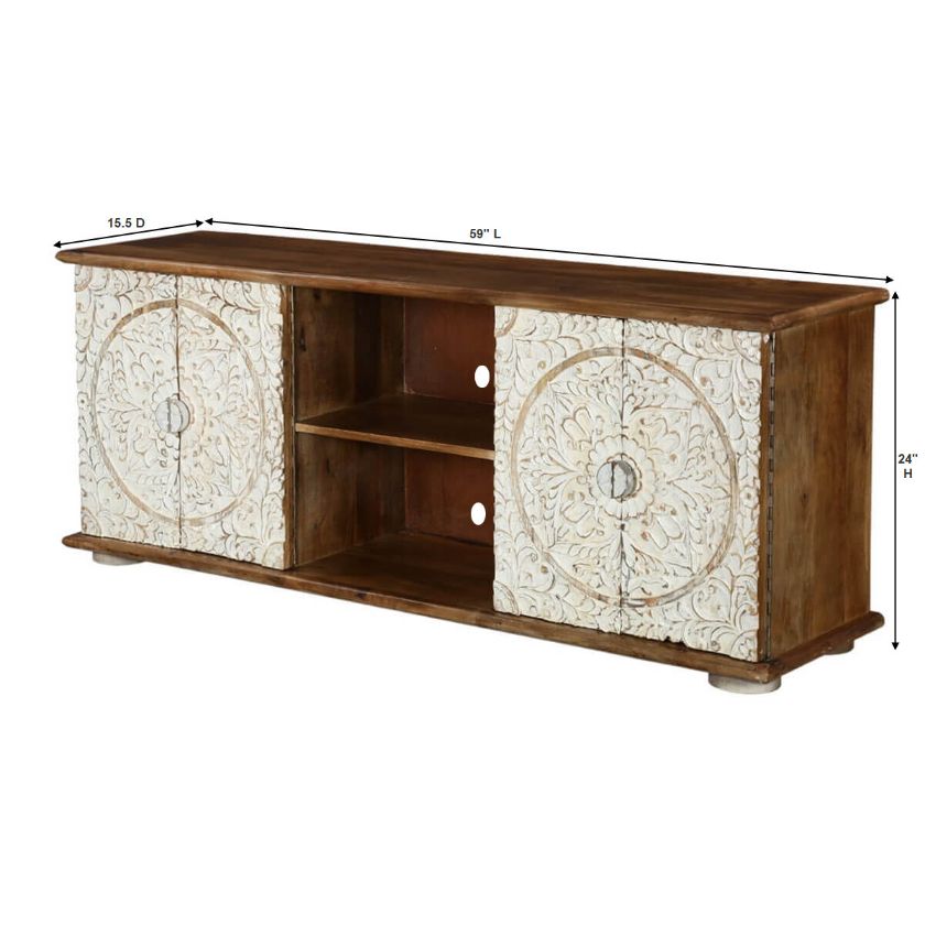 Mandala Art Solid Wood White TV Media Console Cabinet (59