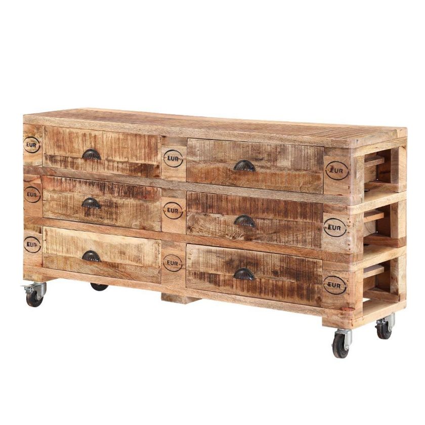 Picture of Rustic Industrial Mango Wood 6 Drawers Bedroom Dresser With Wheels
