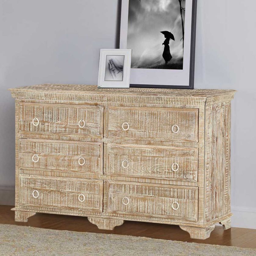 Picture of Carolina Distressed Mango Wood White Bedroom Dresser With 6 Drawers