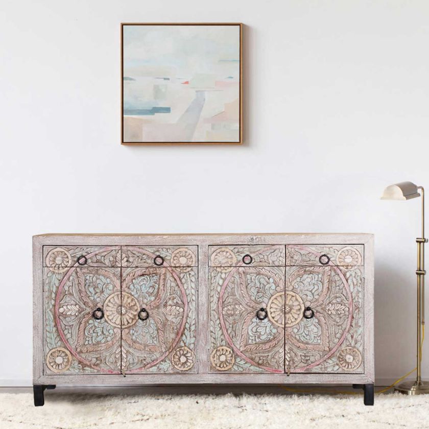 Picture of Turquoise Trail Frosted White Hand Carved 4 Drawer Large Sideboard