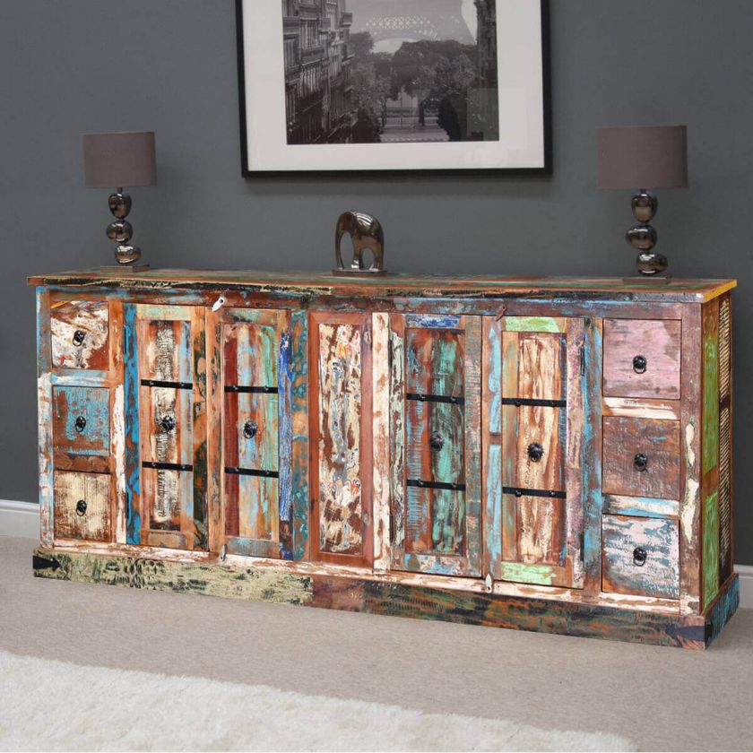 Picture of Islandia Rainbow Rustic Reclaimed Wood Extra Long Sideboard Cabinet