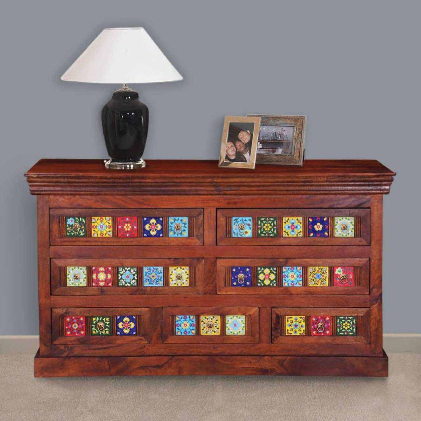 Picture of Mallorca Floral Tiled Solid Wood 7 Drawer Standard Horizontal Dresser