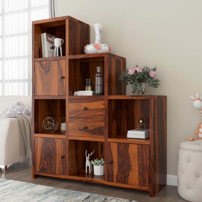 Picture of Proctorville Natural Wood Stair Step Bookcase with Doors and Drawers