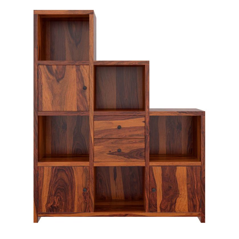 Proctorville Natural Wood Stair Step Bookcase with Doors and Drawers Dimension Image