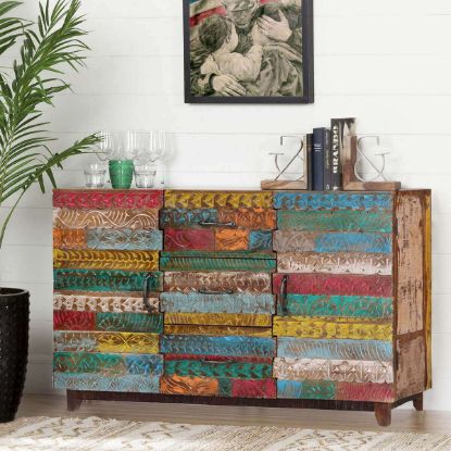 Picture of Rainbow Reclaimed Wood 3 Drawer Conch Carved Sideboard