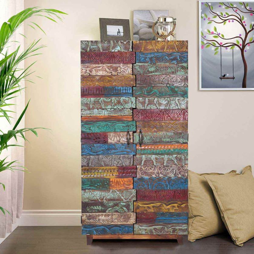 Picture of Rainbow Conch Carving Wooden Tile Reclaimed Wood Armoire Cabinet